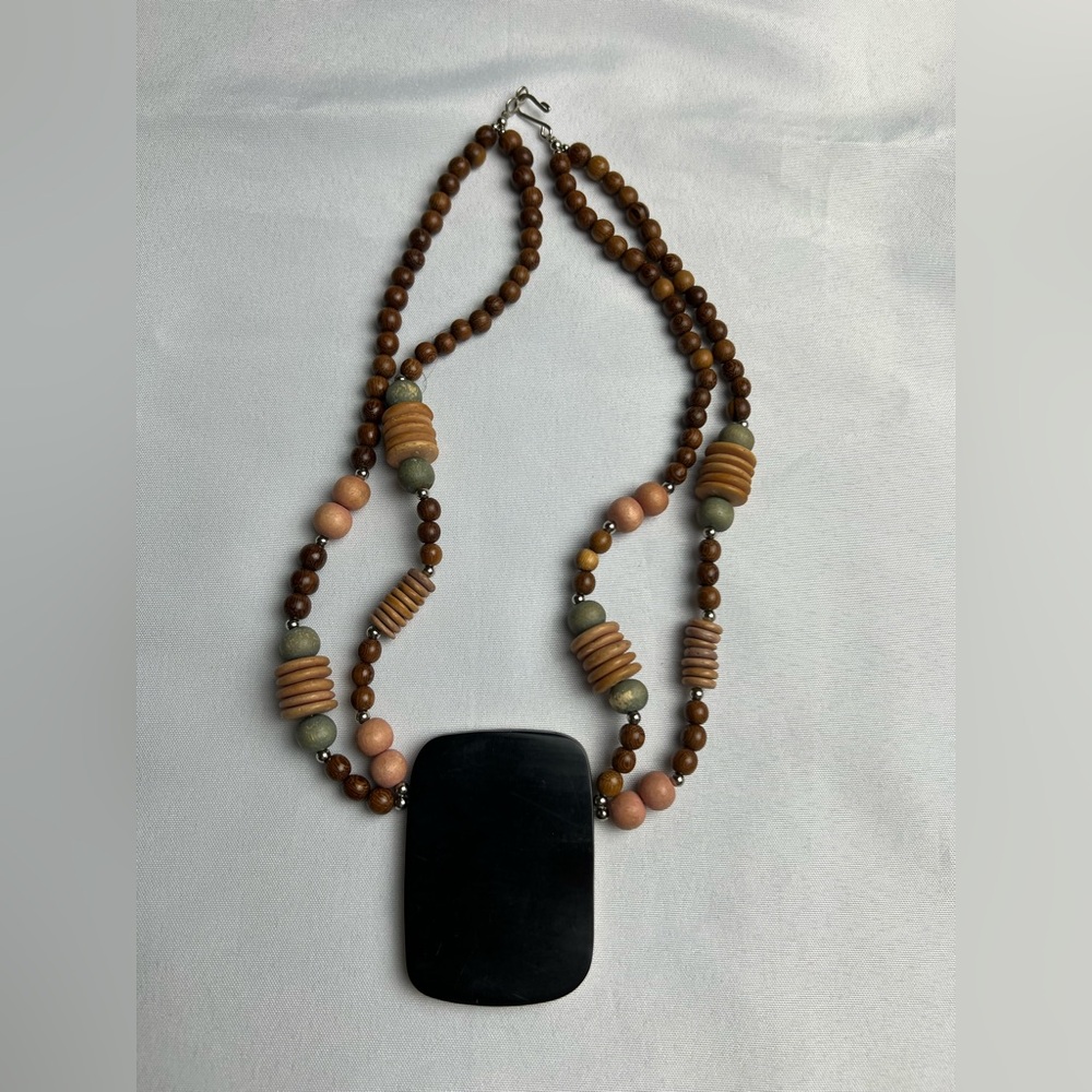 Wood & Metal Double Strand Necklace with Acrylic & Stone Pendant - Picture 8 of 8